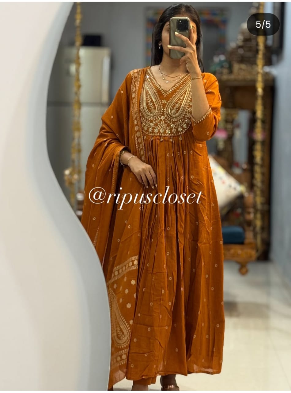 Rust Anarkali Style Kurta Set with Embroidery and Dupatta