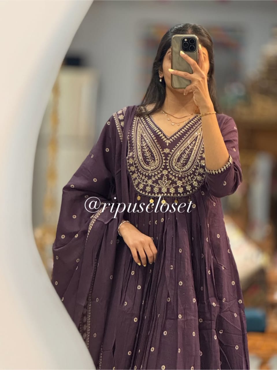 Purple Anarkali Style Kurta Set with Embroidery and Dupatta