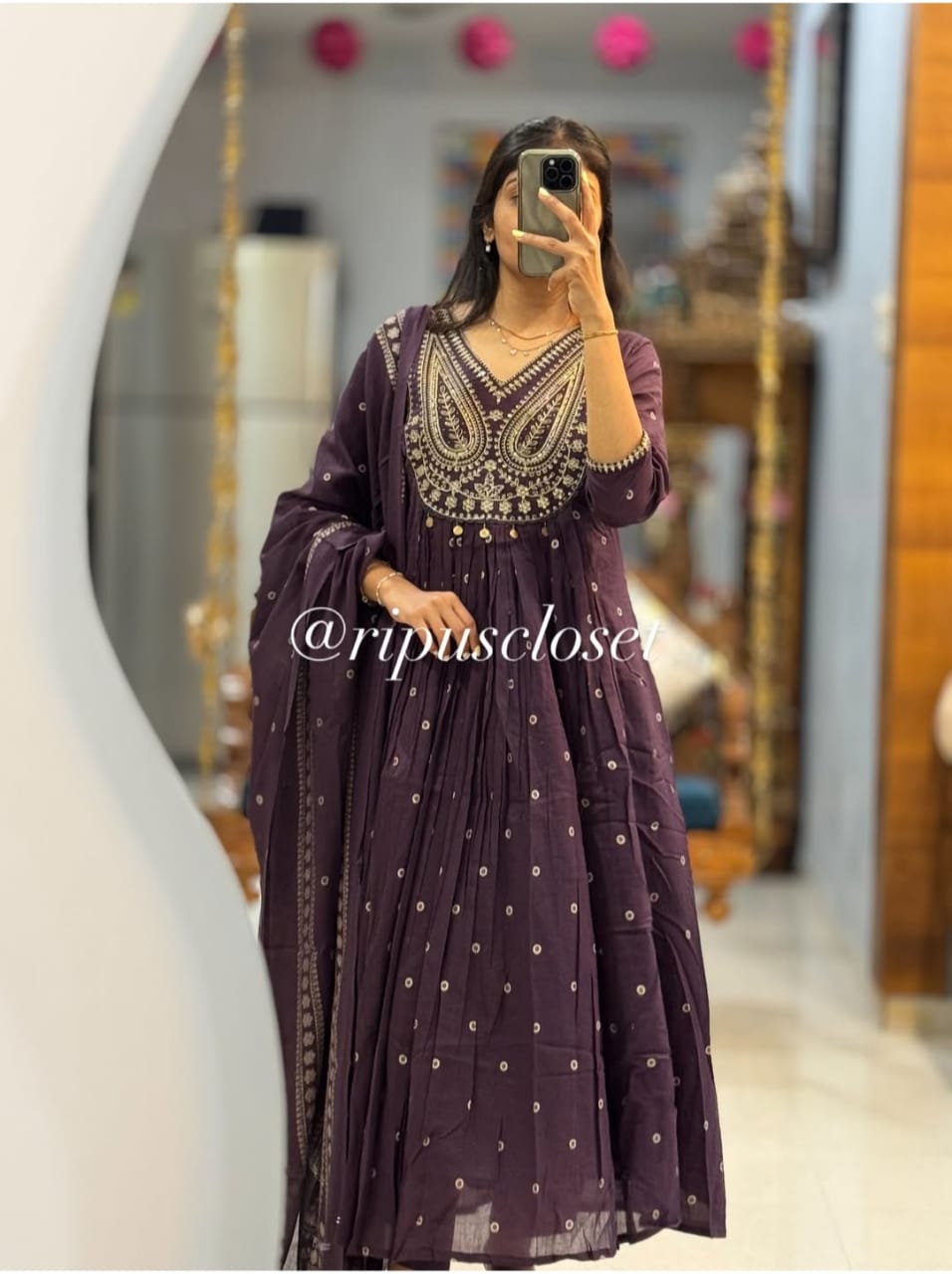 Purple Anarkali Style Kurta Set with Embroidery and Dupatta
