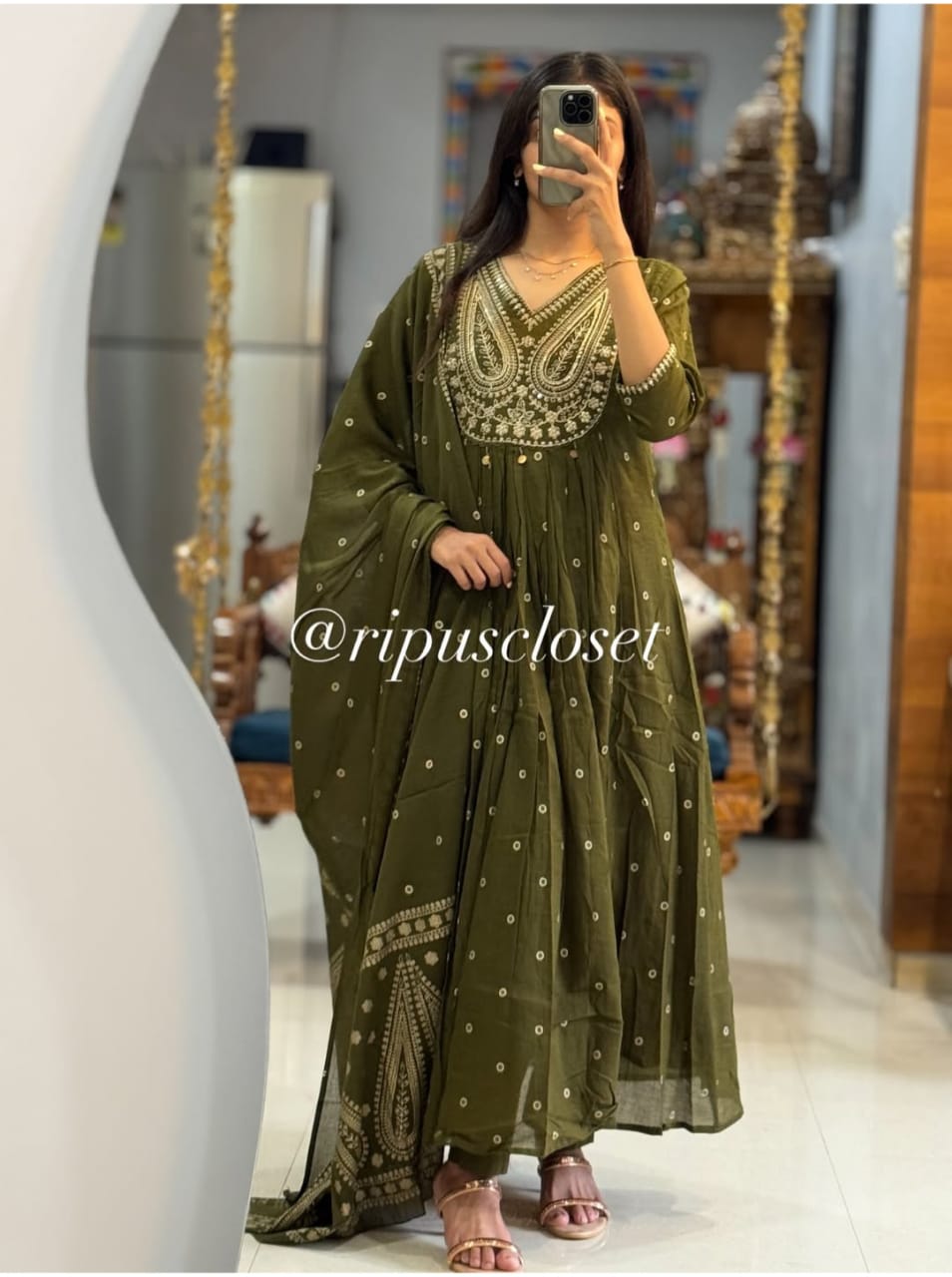 Green Anarkali Style Kurta Set with Embroidery and Dupatta