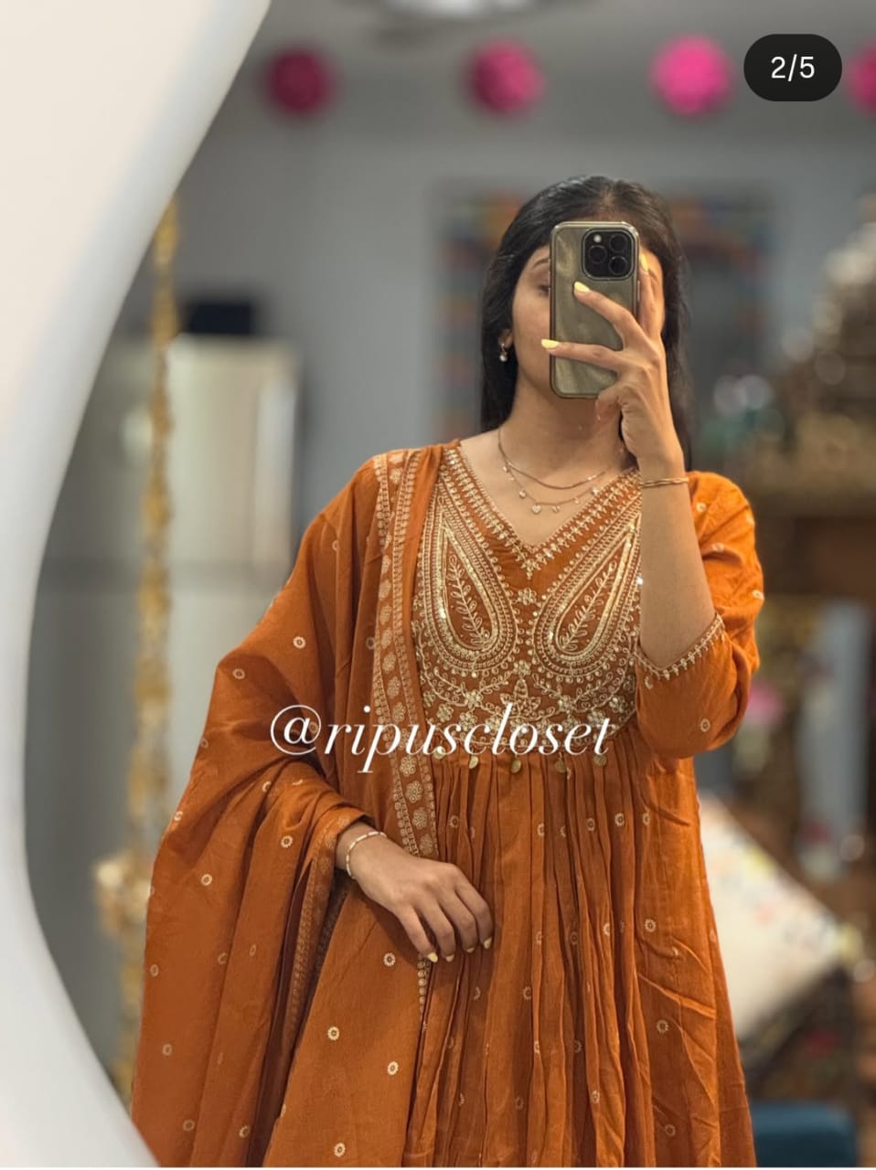 Rust Anarkali Style Kurta Set with Embroidery and Dupatta