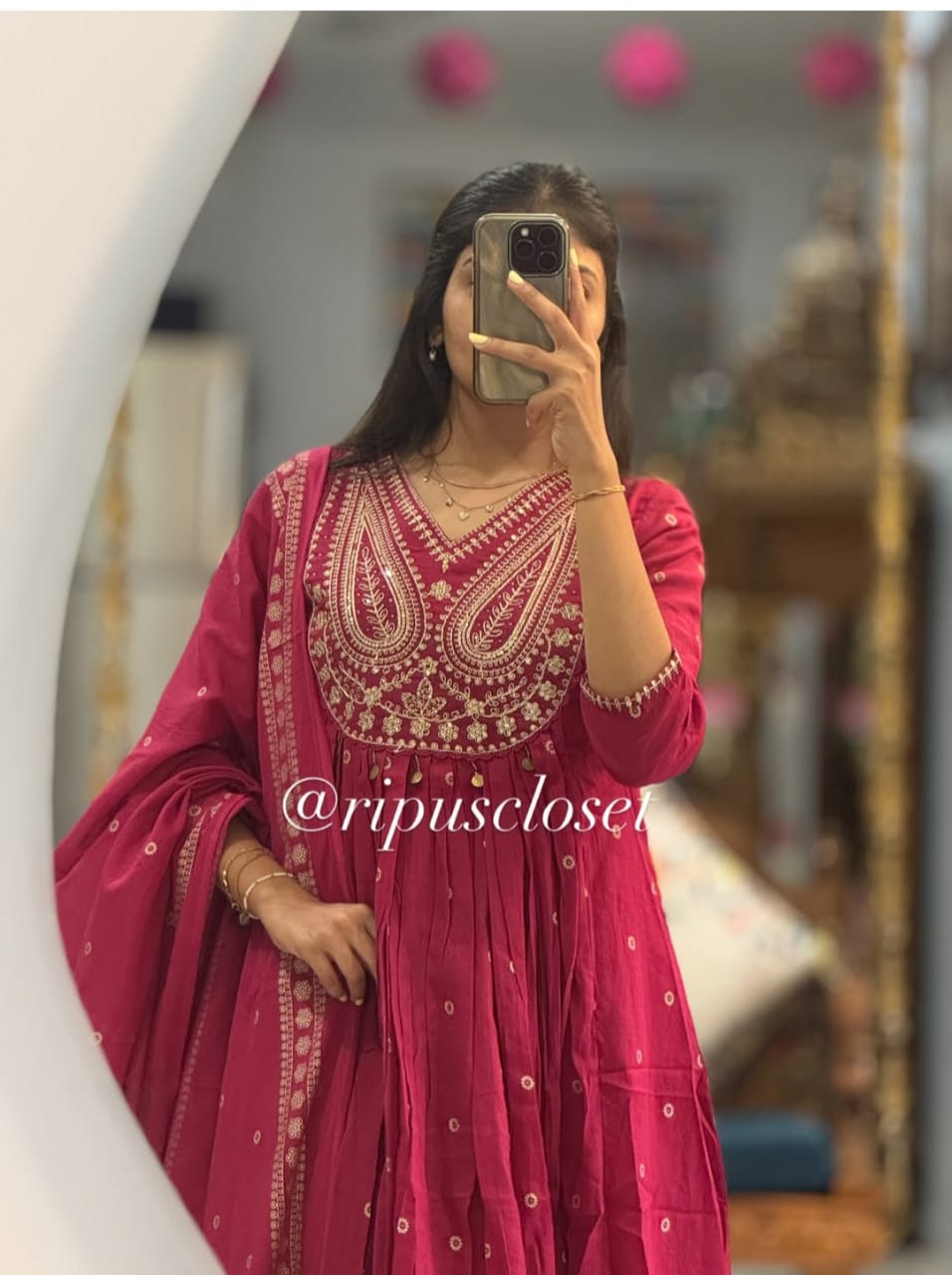 Pink Anarkali Style Kurta Set with Embroidery and Dupatta