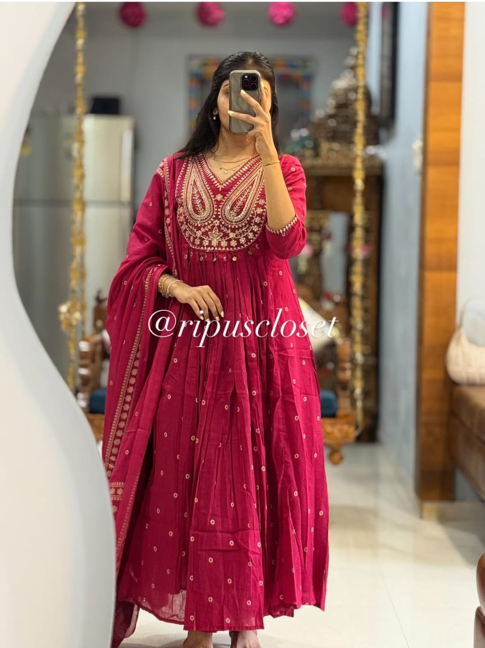Pink Anarkali Style Kurta Set with Embroidery and Dupatta