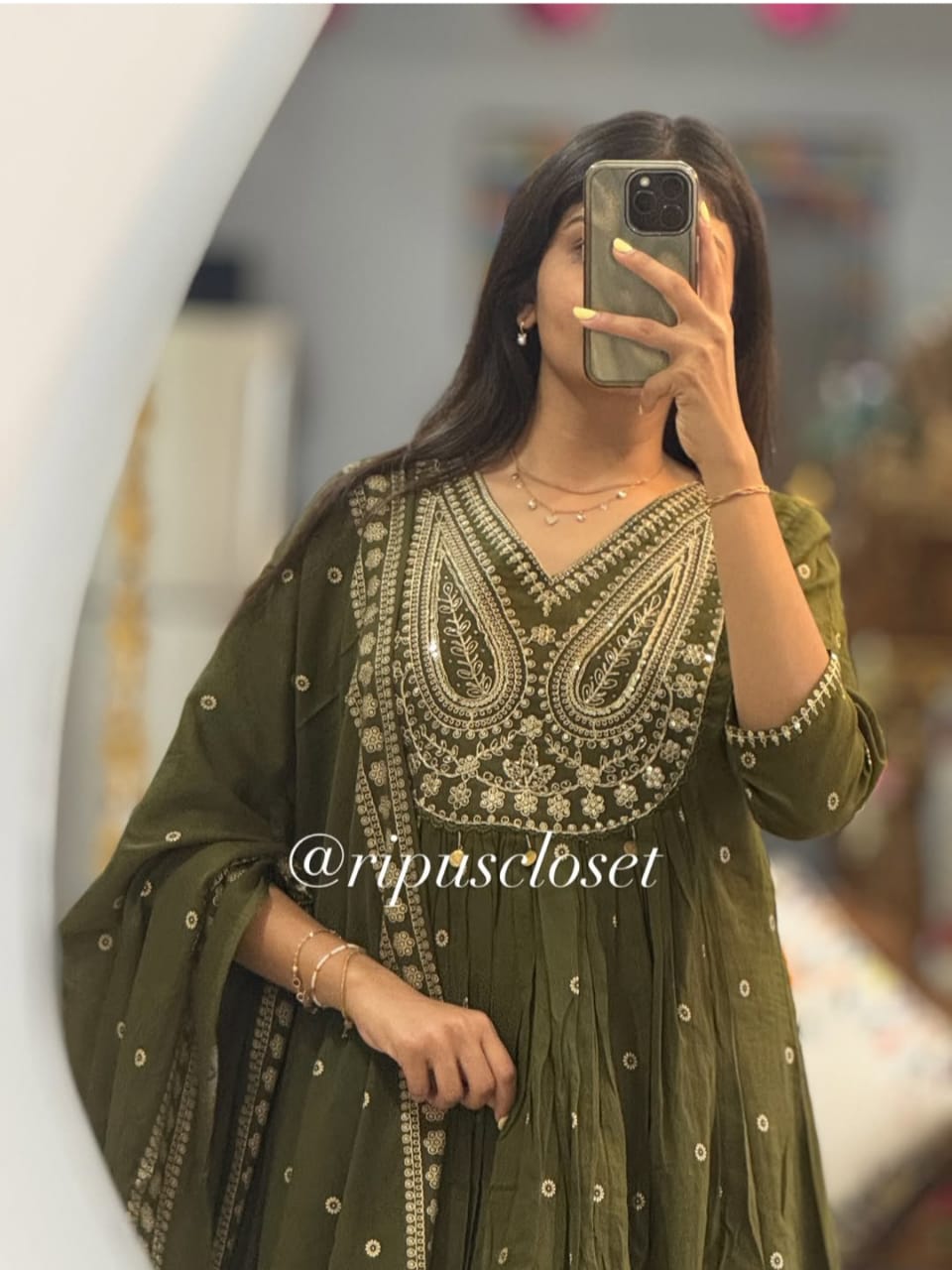 Green Anarkali Style Kurta Set with Embroidery and Dupatta