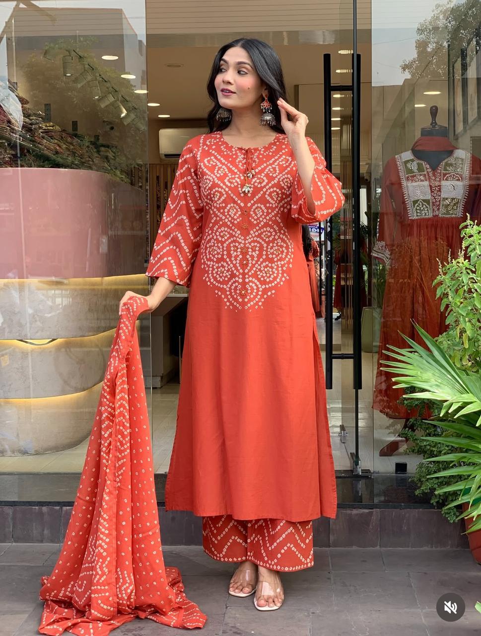Orange Printed Kurta Pant and Dupatta Set with Embroidery Work