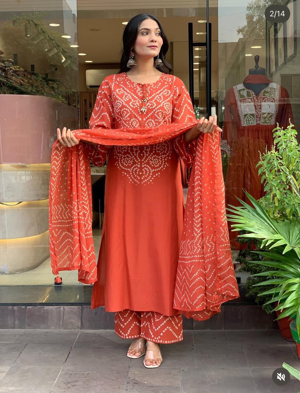 Orange Printed Kurta Pant and Dupatta Set with Embroidery Work