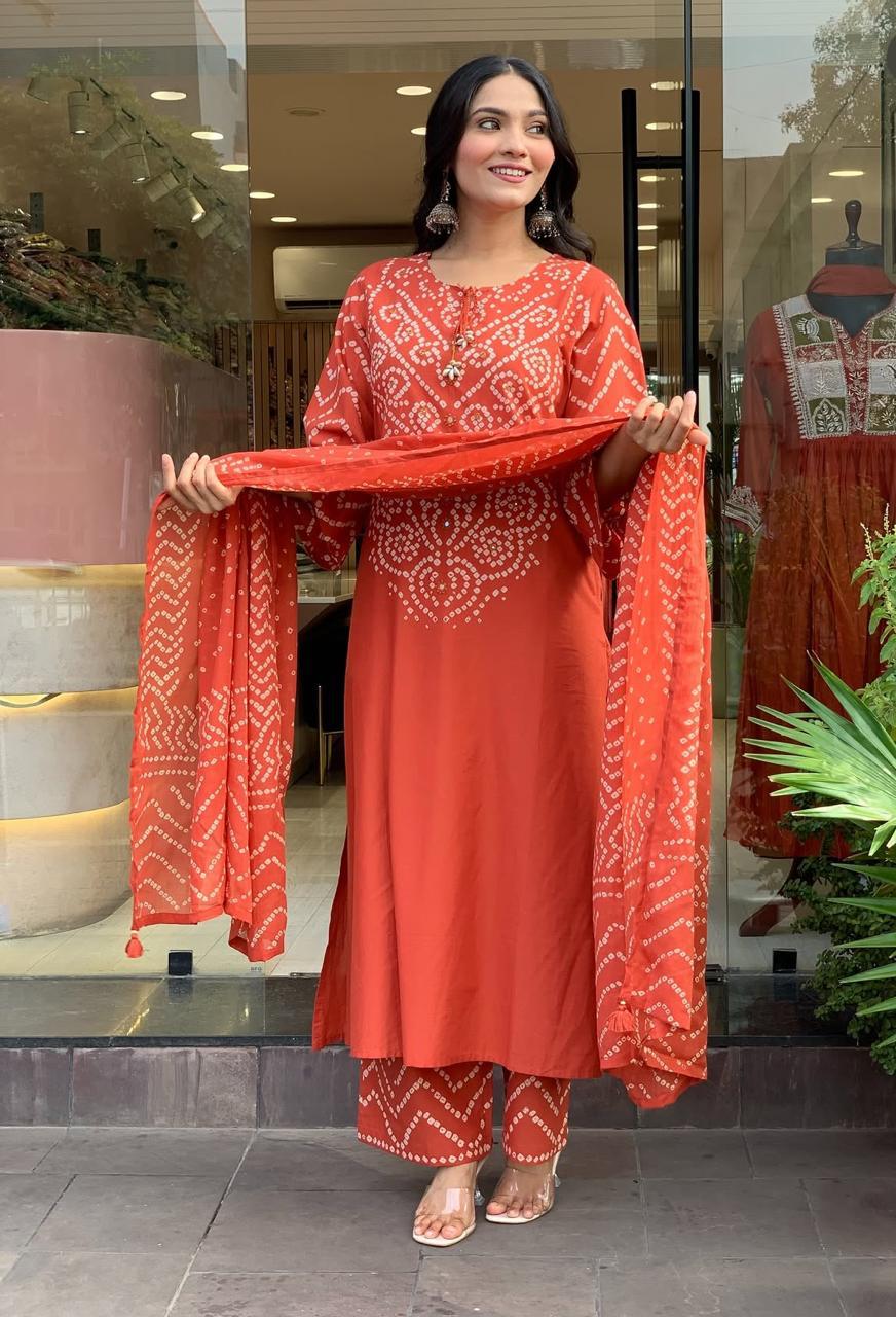 Orange Printed Kurta Pant and Dupatta Set with Embroidery Work