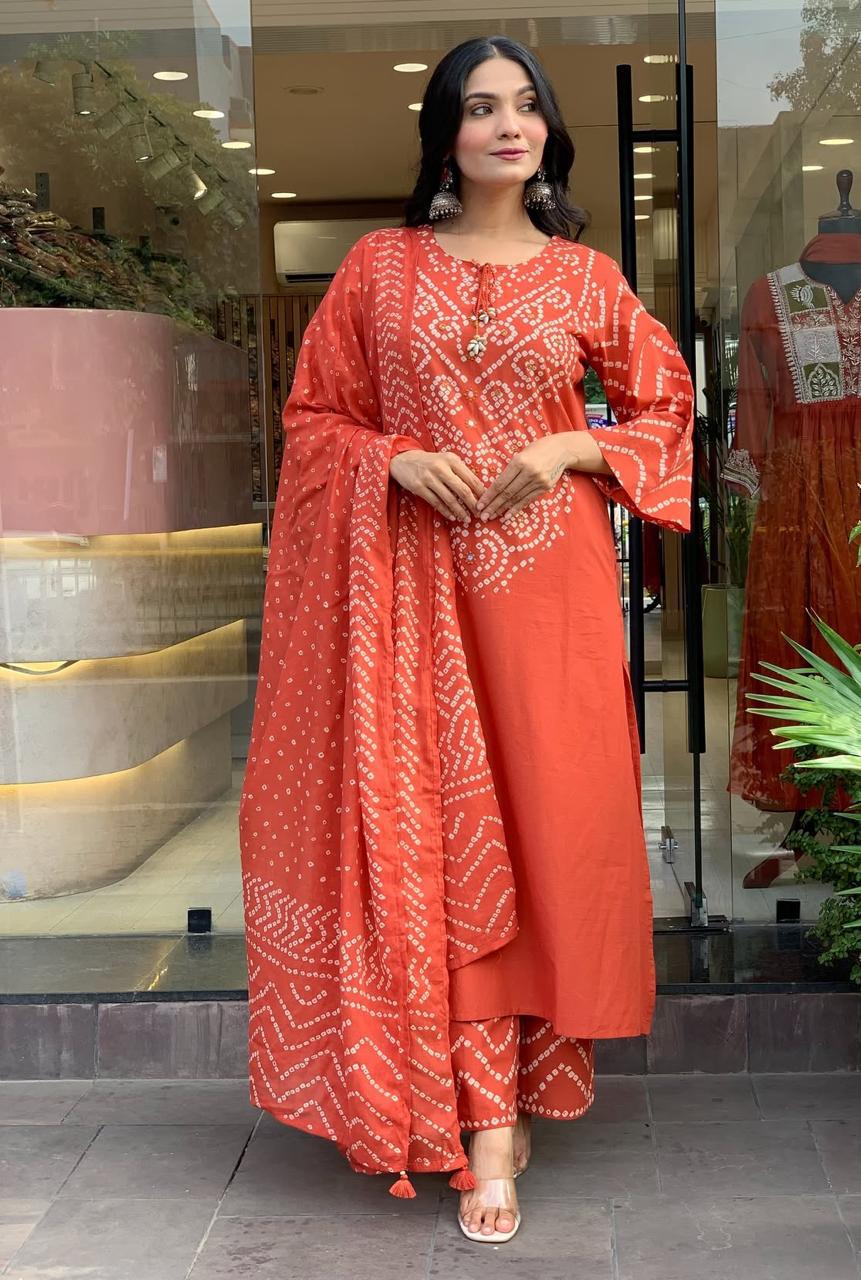 Orange Printed Kurta Pant and Dupatta Set with Embroidery Work