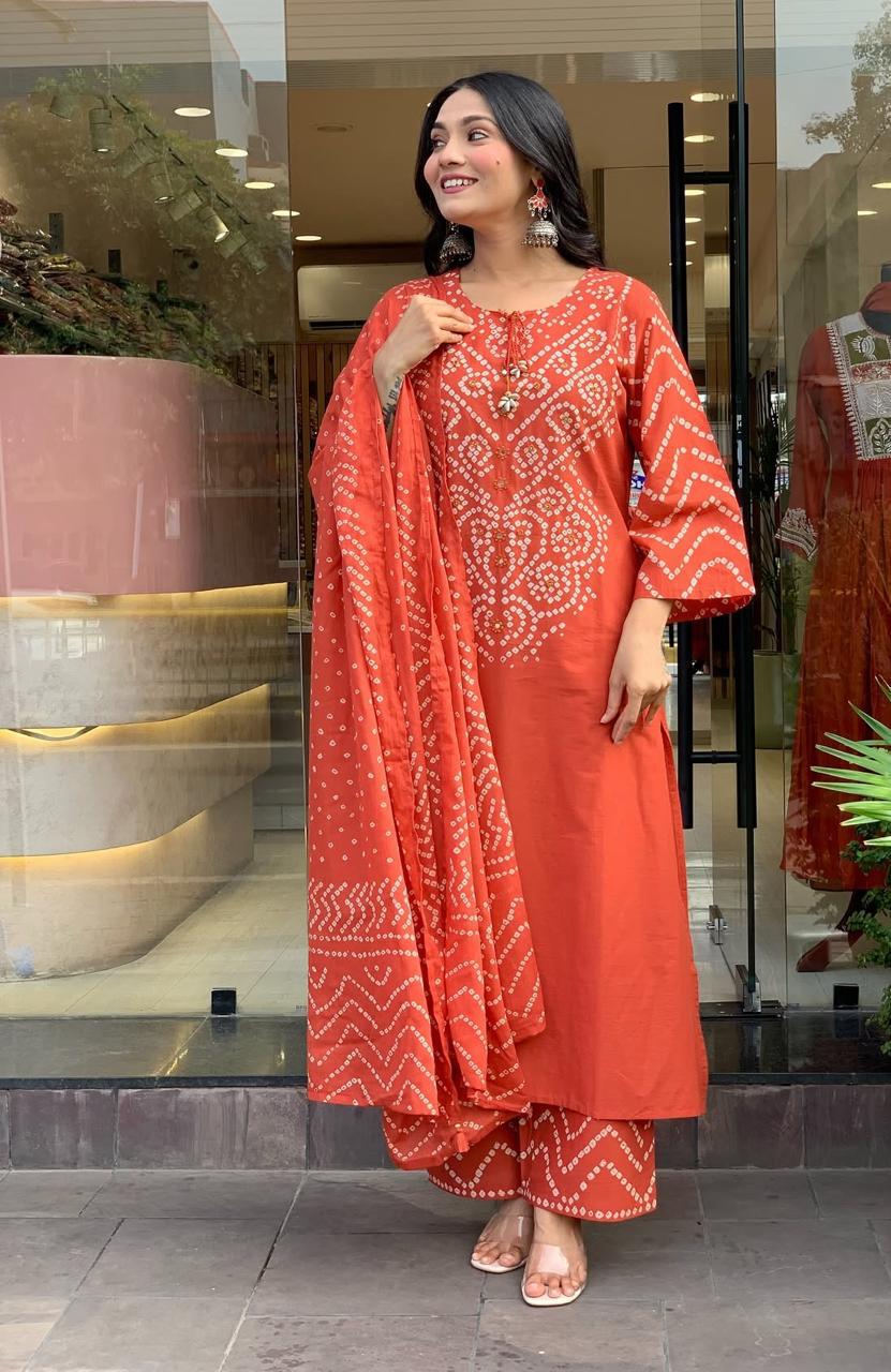 Orange Printed Kurta Pant and Dupatta Set with Embroidery Work
