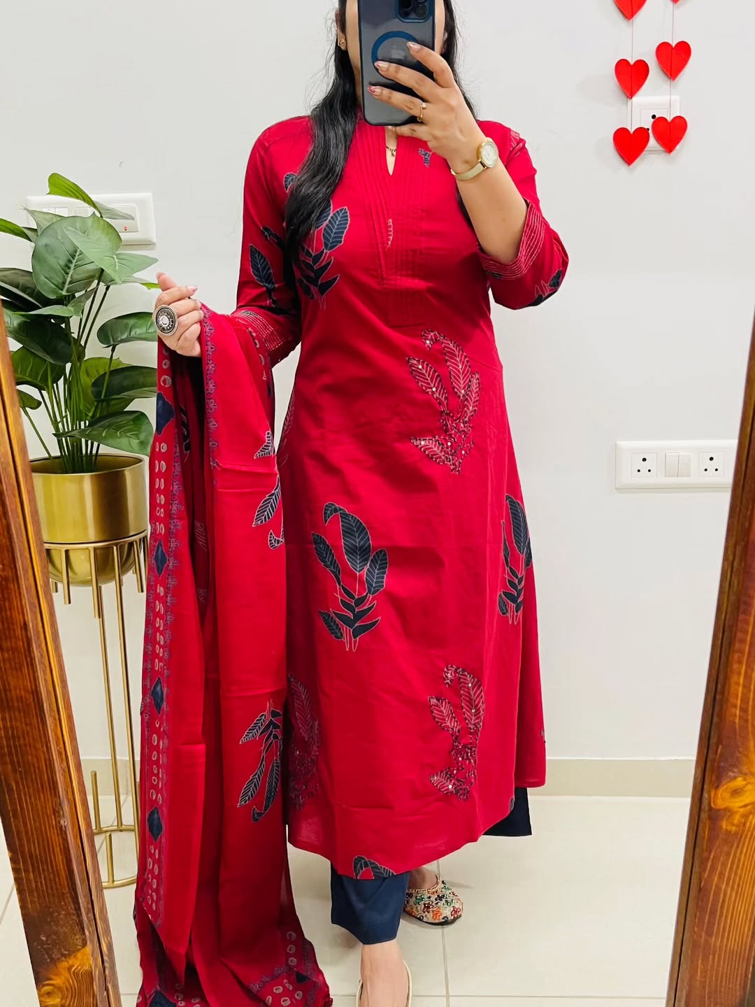 Red Elegant Cotton Salwar Set with Dupatta