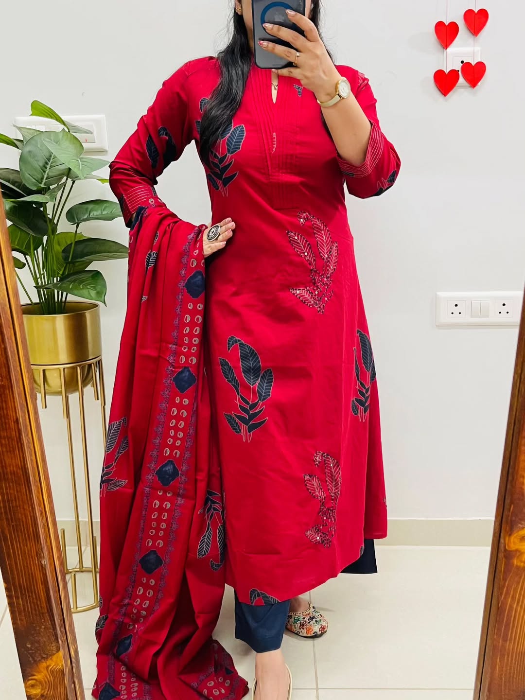 Red Elegant Cotton Salwar Set with Dupatta