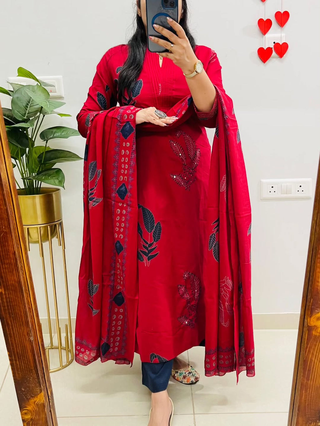 Red Elegant Cotton Salwar Set with Dupatta