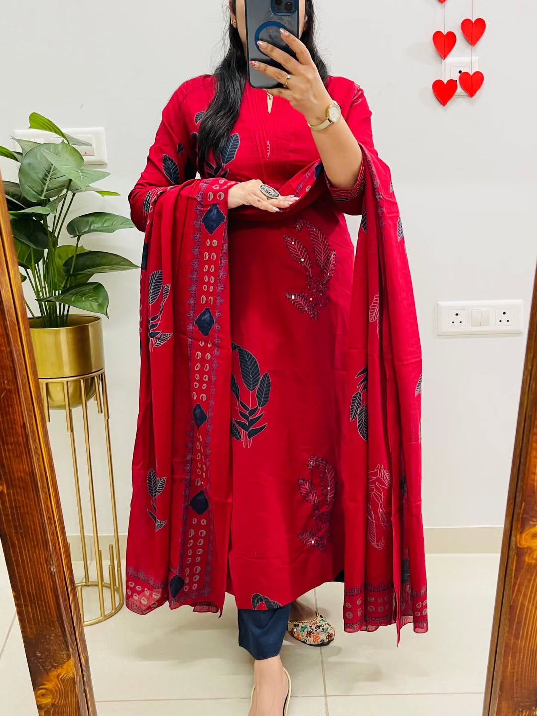Red Elegant Cotton Salwar Set with Dupatta