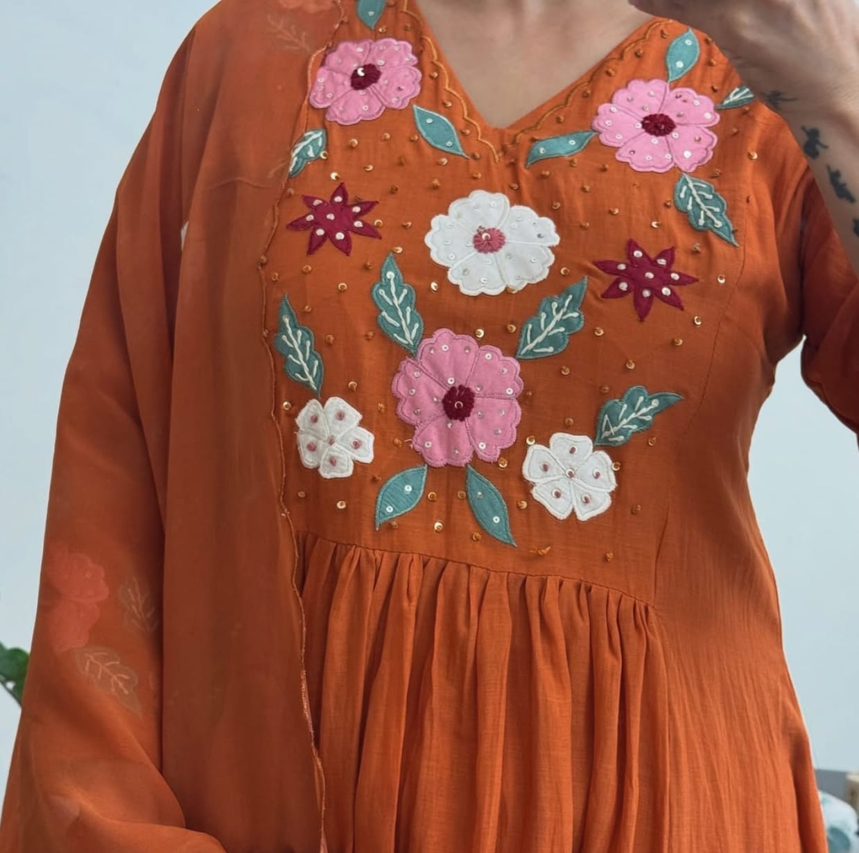 Rust Embroidered Flared Kurta Pant Set