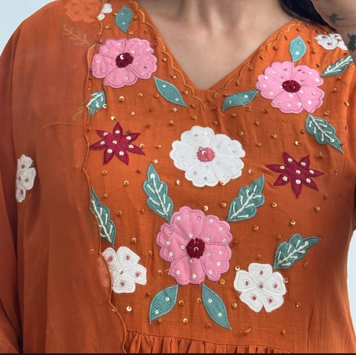 Rust Embroidered Flared Kurta Pant Set