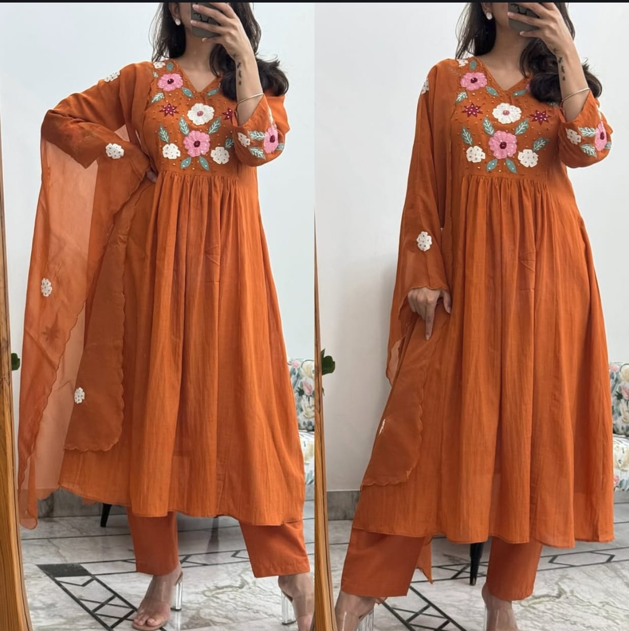 Rust Embroidered Flared Kurta Pant Set