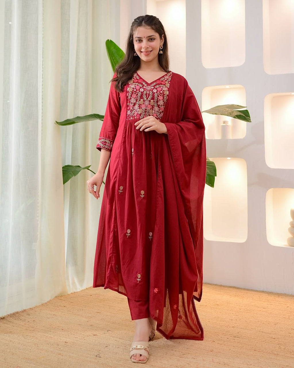 Maroon Rose Threadwork A Line Mul Cotton Suit