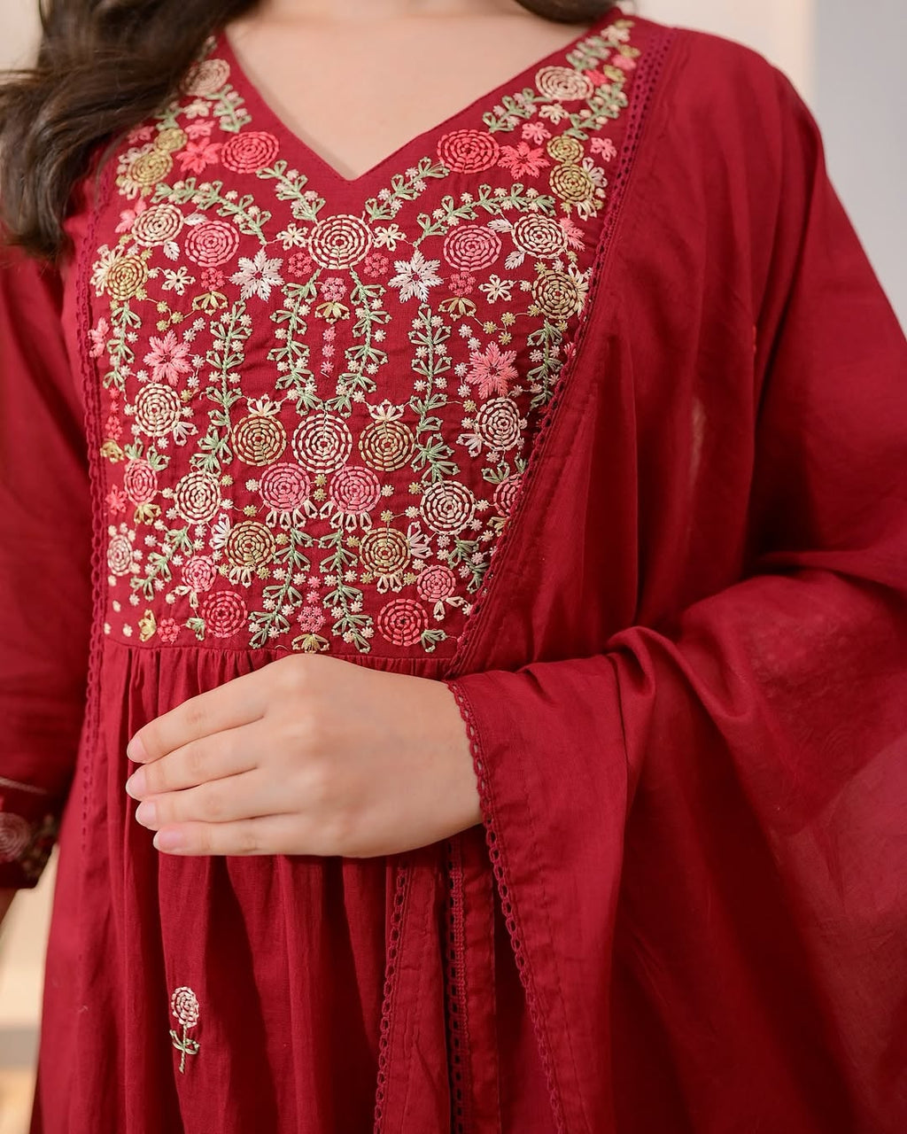 Maroon Rose Threadwork A Line Mul Cotton Suit