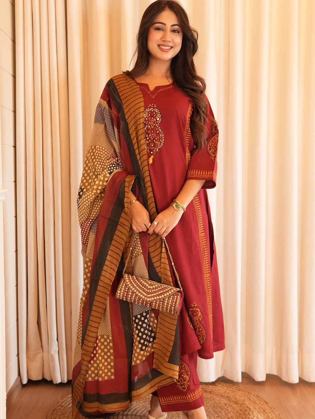 Maroon Embroidered Cotton Kurta with Printed Dupatta
