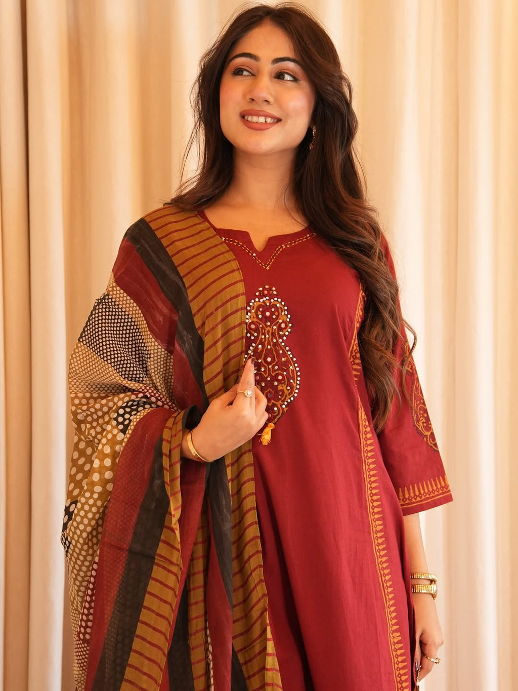 Maroon Embroidered Cotton Kurta with Printed Dupatta