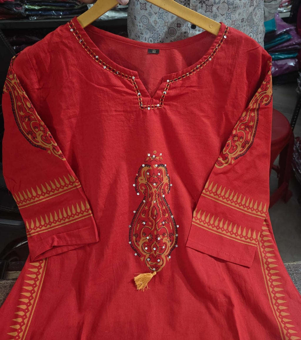 Maroon Embroidered Cotton Kurta with Printed Dupatta