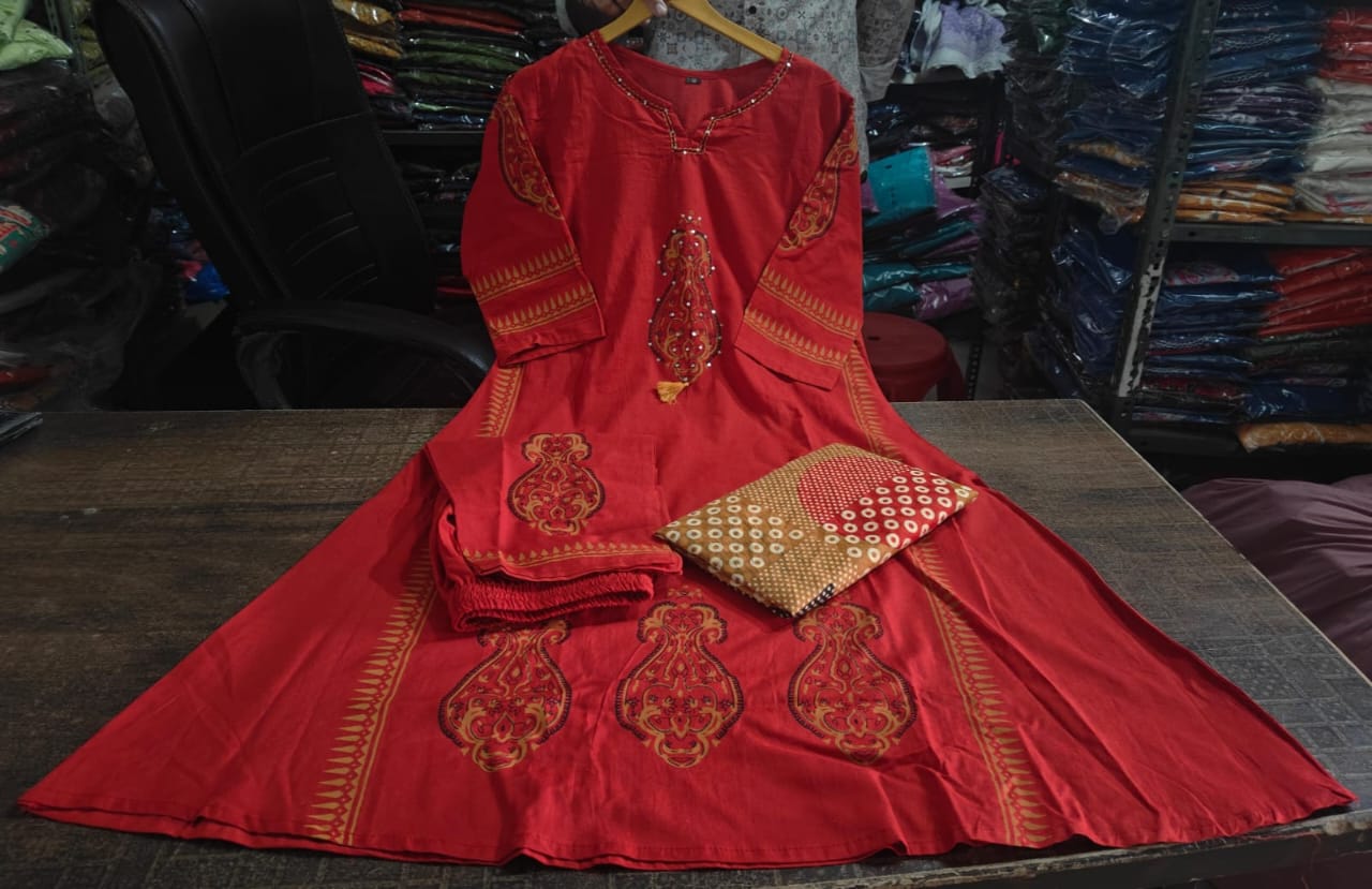 Maroon Embroidered Cotton Kurta with Printed Dupatta