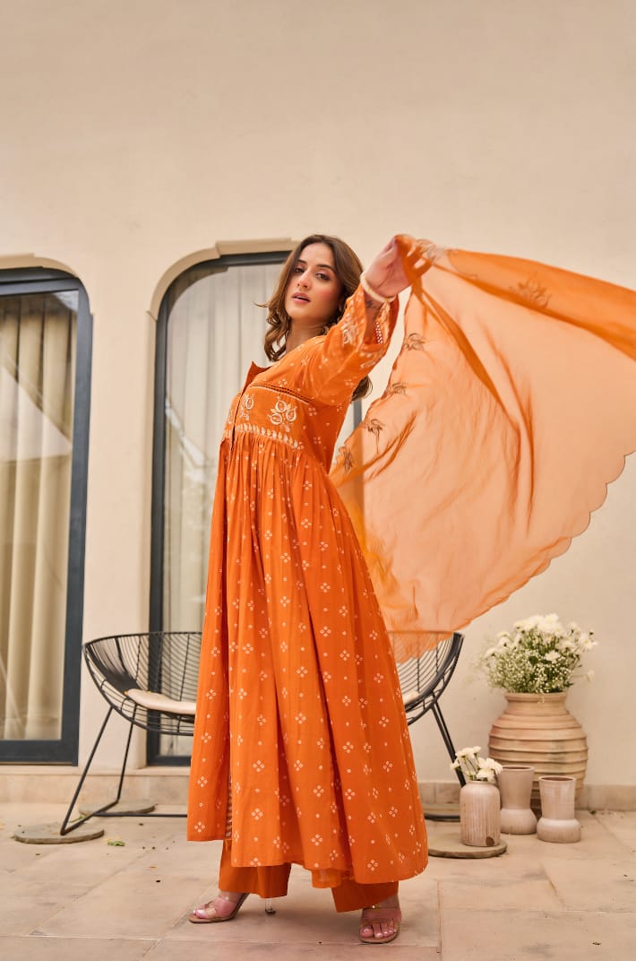 Rust Orange Bandhani Mul Cotton A Line Handwork Suit