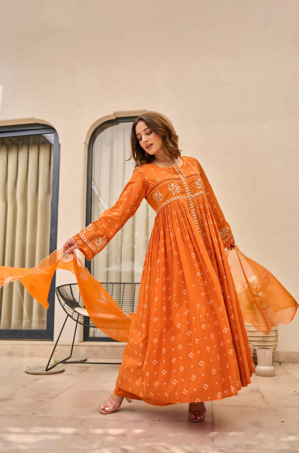 Rust Orange Bandhani Mul Cotton A Line Handwork Suit