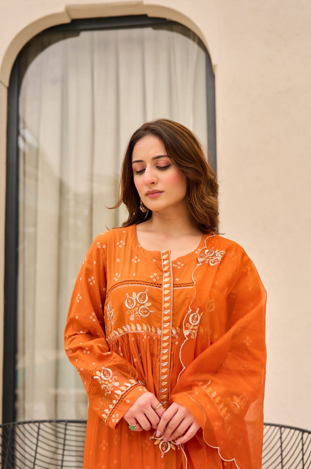 Rust Orange Bandhani Mul Cotton A Line Handwork Suit
