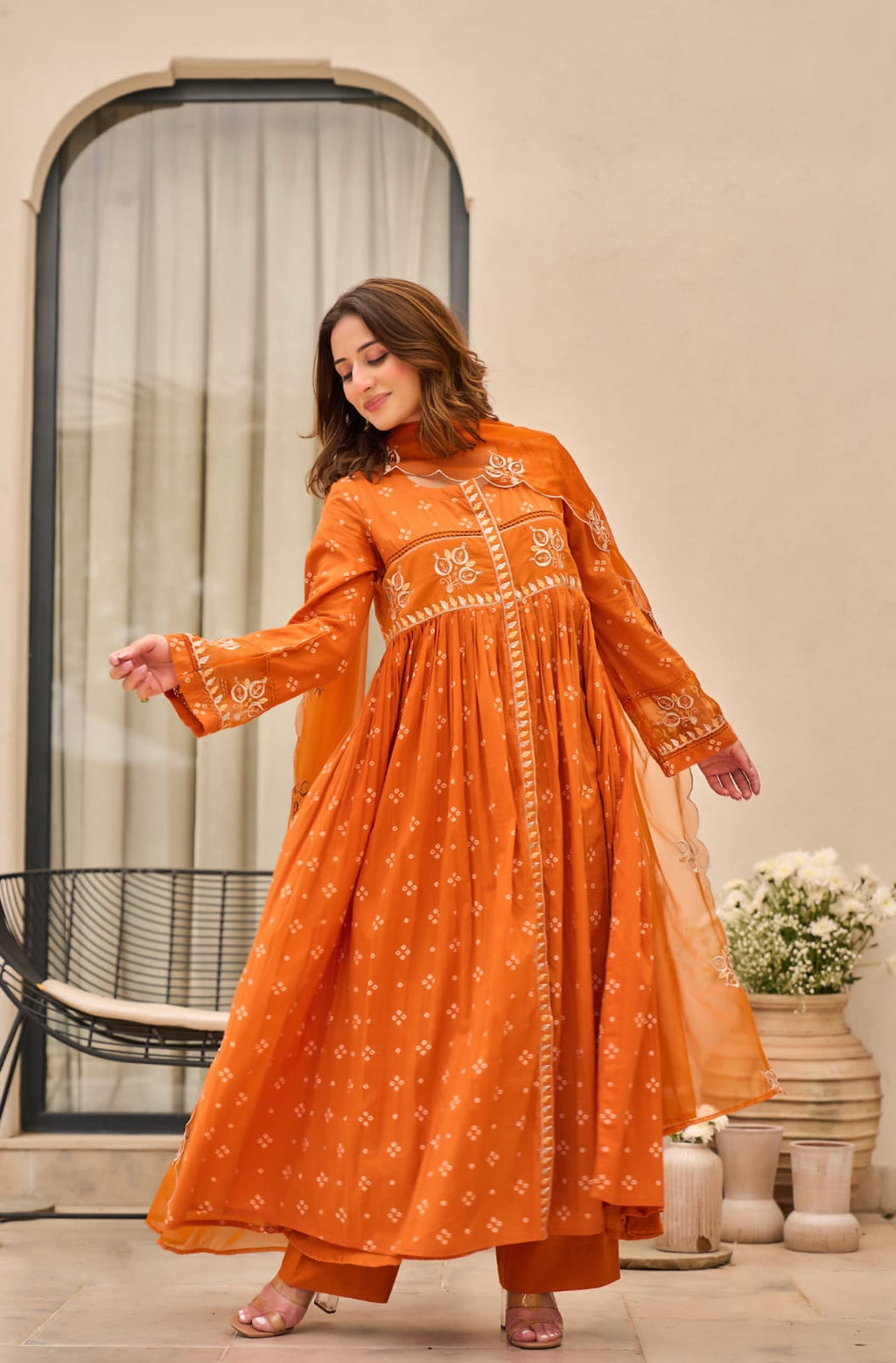 Rust Orange Bandhani Mul Cotton A Line Handwork Suit