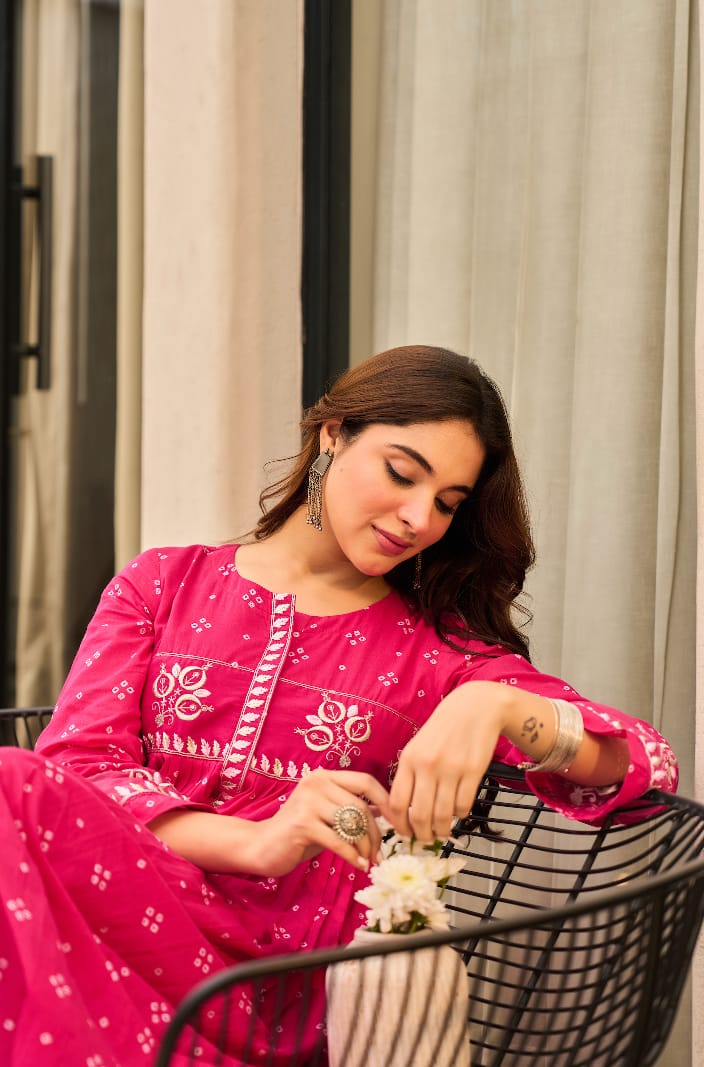 Pink Orange Bandhani Mul Cotton A Line Handwork Suit