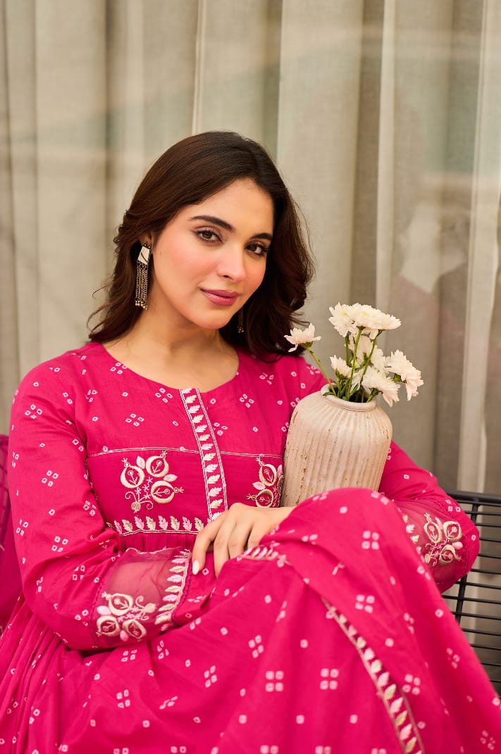 Pink Orange Bandhani Mul Cotton A Line Handwork Suit