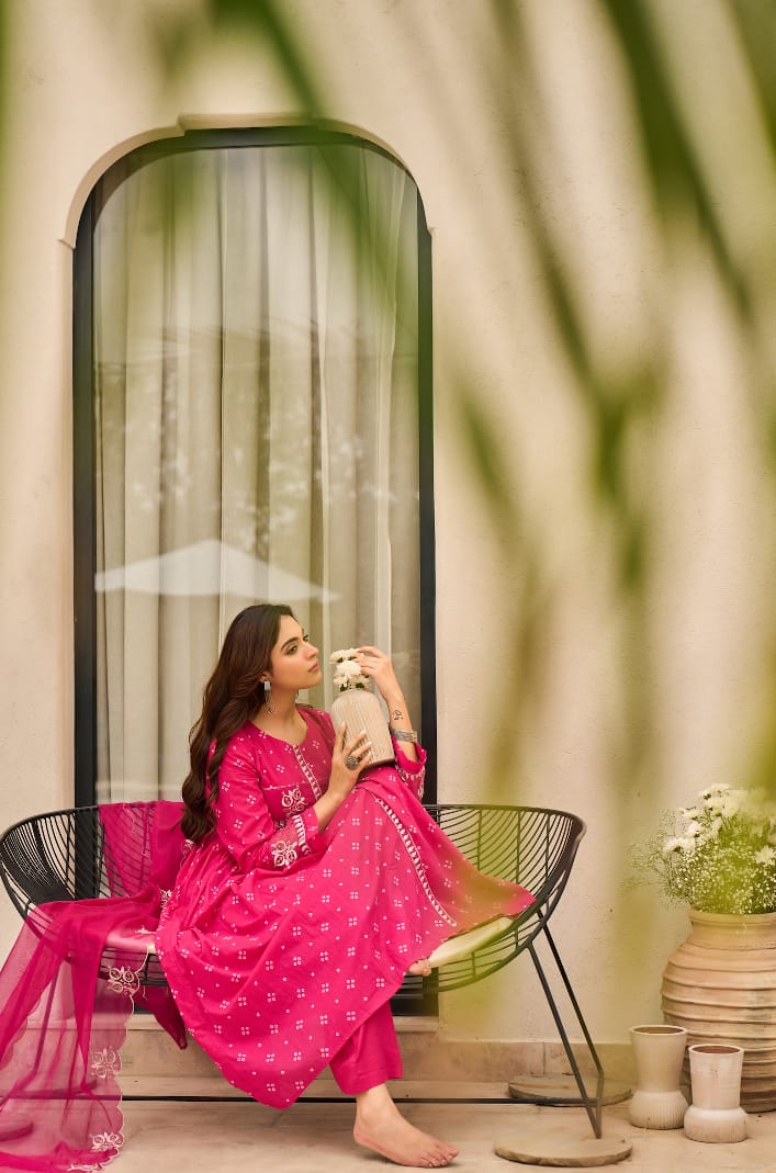 Pink Orange Bandhani Mul Cotton A Line Handwork Suit