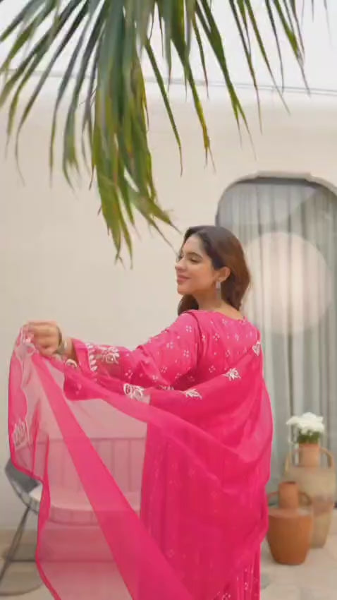 Pink Orange Bandhani Mul Cotton A Line Handwork Suit