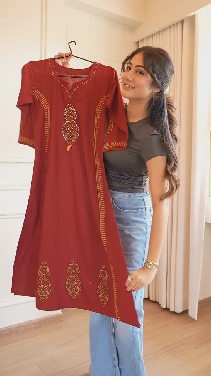 Maroon Embroidered Cotton Kurta with Printed Dupatta