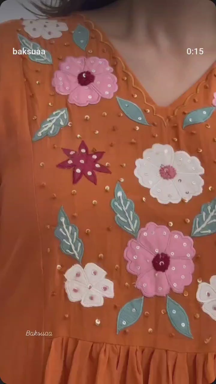 Rust Embroidered Flared Kurta Pant Set